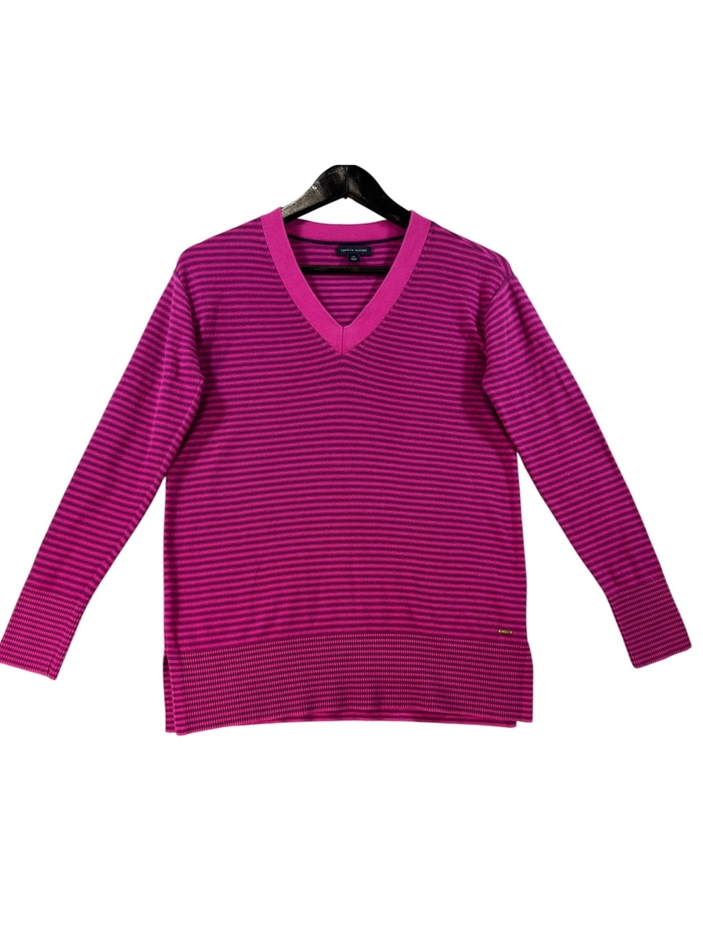 Tommy Hilfiger Women’s S/P Pink Purple Striped V-Neck Sweater
